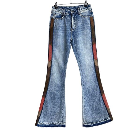 FREE PEOPLE X DRIFTWOOD FARRAH FLARE JEANS Size 25 Western Patchwork Stripe 34" - Picture 3 of 9